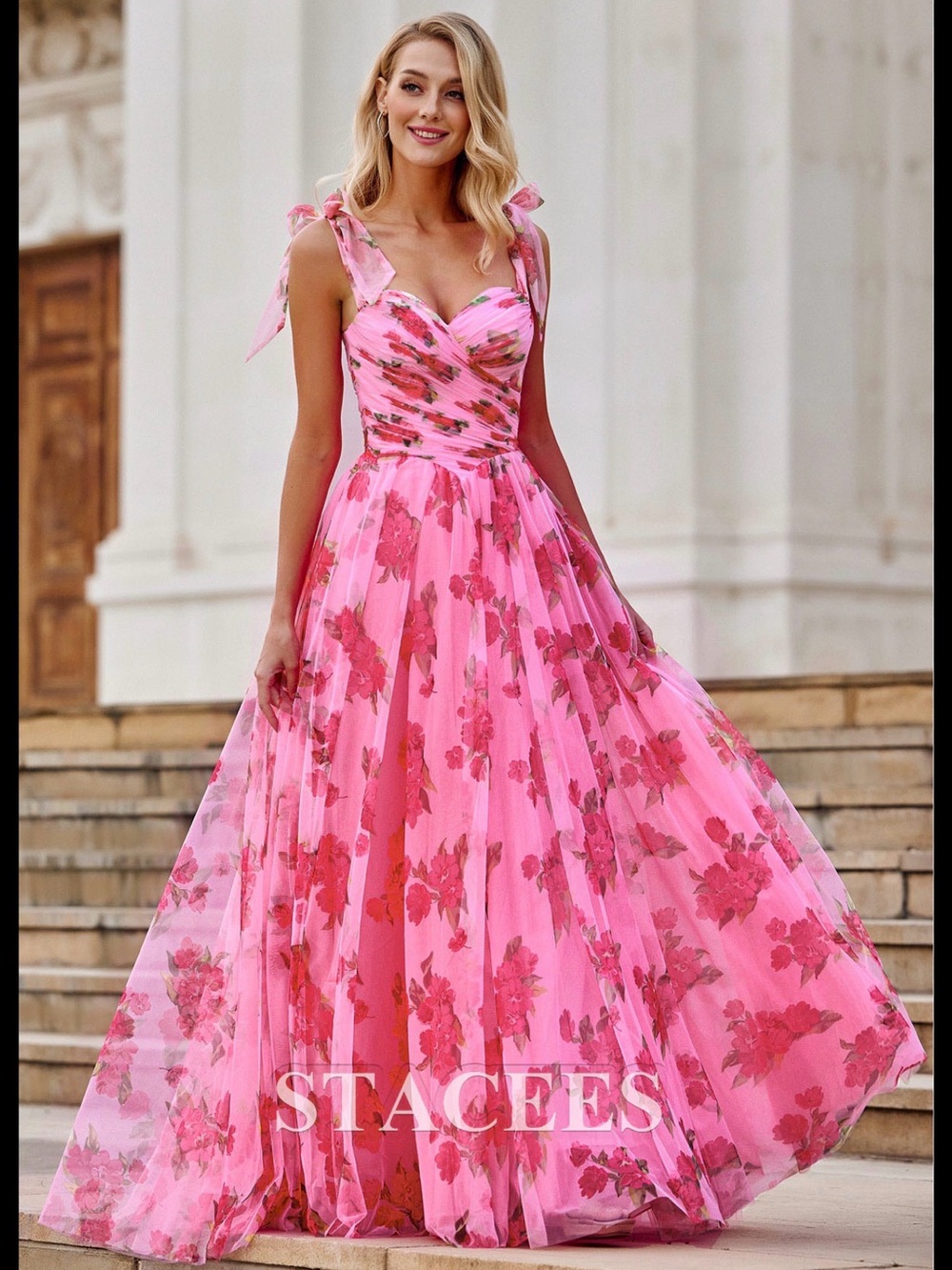 STACEE'S Pink Floral Tie-Strap Maxi Dress